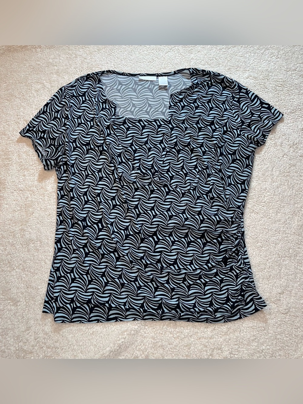Worthington Womens 1X Wrinkle Resistant Faux Wrap Top Black Blue Blouse